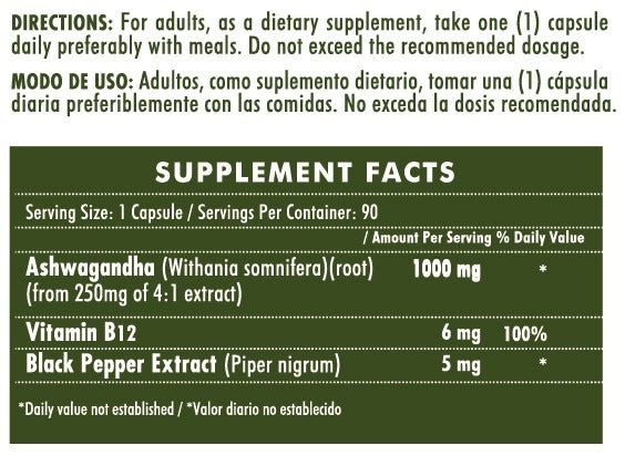 ASHWAGANDHA plus y vitamina b12 X 90 cps